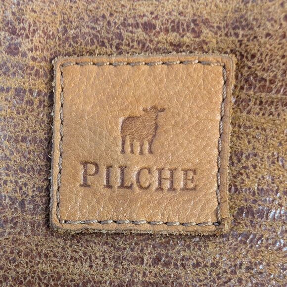 Pilche Brown Distressed Leather Gold Studs Zipper Closure Tote Shoulder Bag - Picture 6 of 9